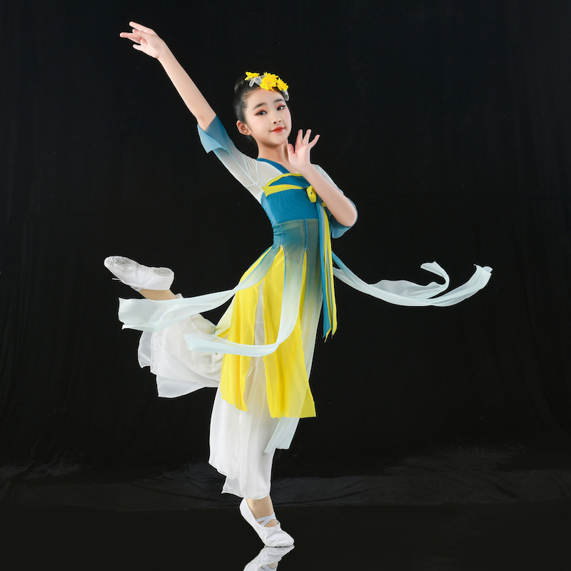 儿童古典舞女演出服飘逸扇子中国舞汉服古风荷塘月色儿童演出服