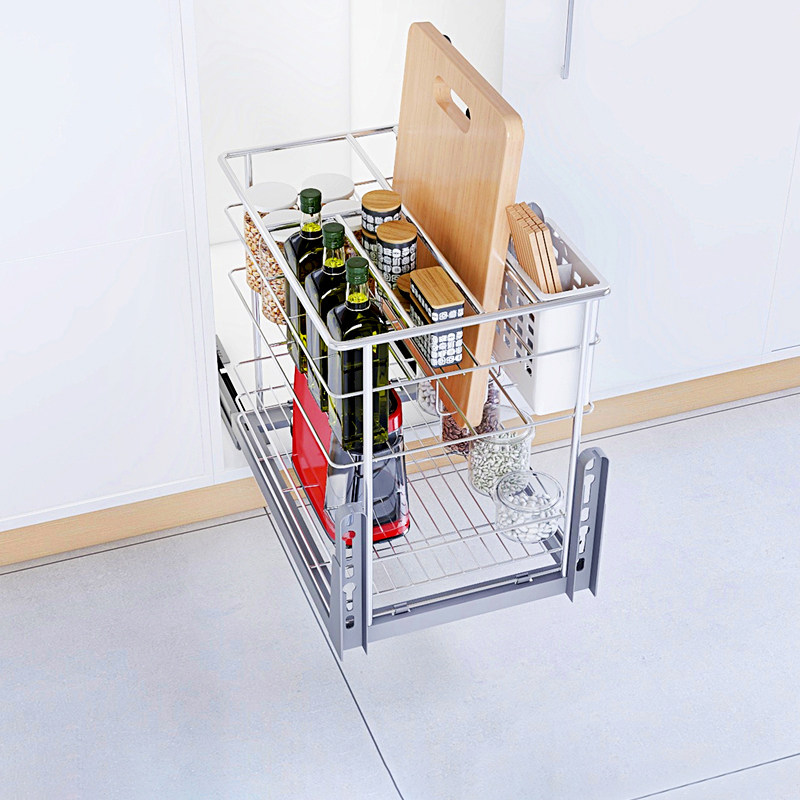调味橱柜地柜拉篮抽屉厨房不锈钢开门阻尼竖拉拉篮