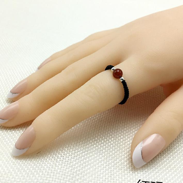 戒指纯银手编红绳银珠转运指环手工编织简约戒指