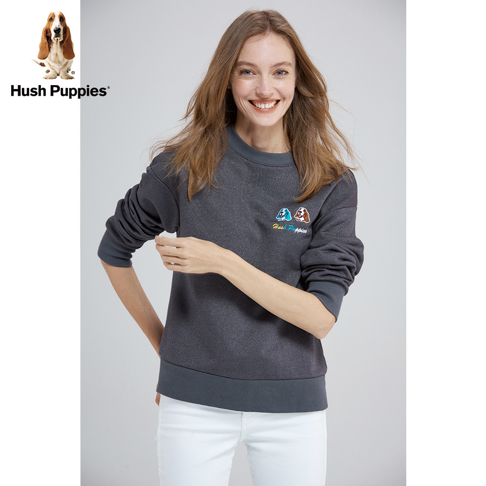 hushpuppies暇步士女装2021春季刺绣狗狗圆领套头卫衣
