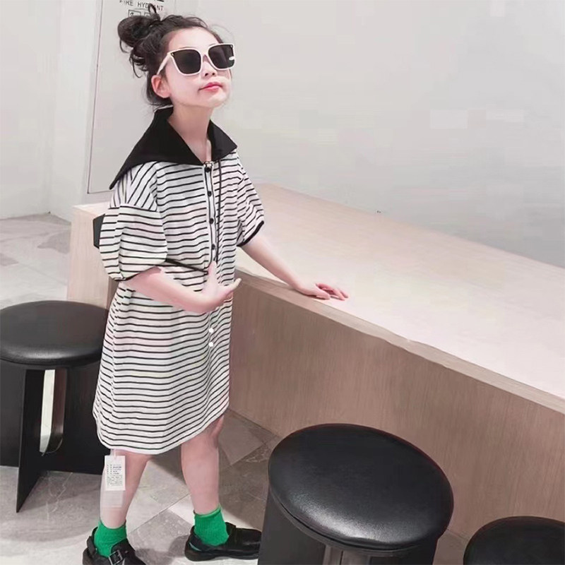 波拉韩国童装女童连衣裙2022夏装儿童学院横条连衣裙