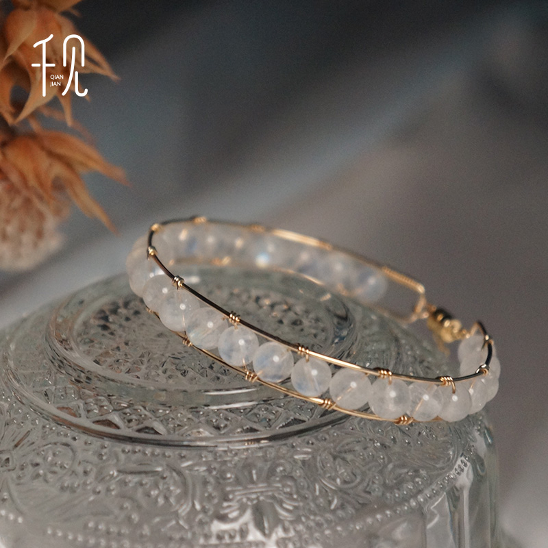 千见原创设计定制美国14k包金不褪色天然月光石手镯