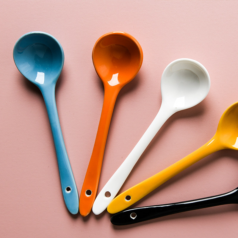 勺子陶瓷汤匙家用小勺迷你彩色彩色调调羹头小咖啡勺