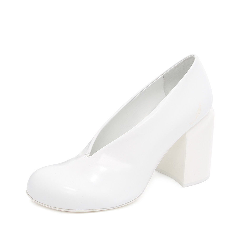 处理品jilsander白色牛皮皮革圆头女士粗跟高跟鞋时装凉鞋