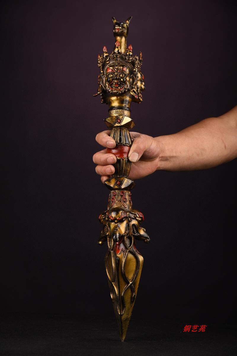 金刚藏传纯铜鎏金彩绘镶宝石普巴降魔杵尼泊老摆件