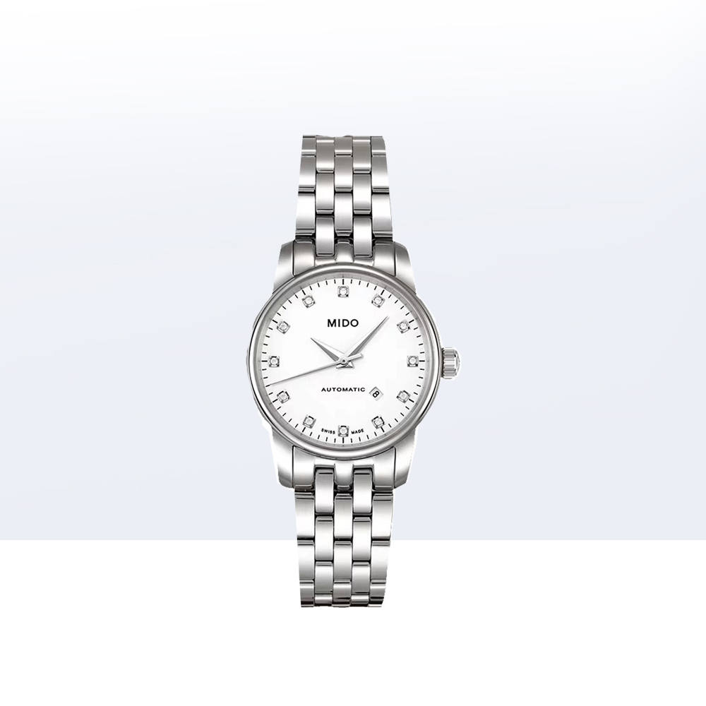 直营mido美度贝伦赛丽系列女士白色镶钻钢带瑞士腕表