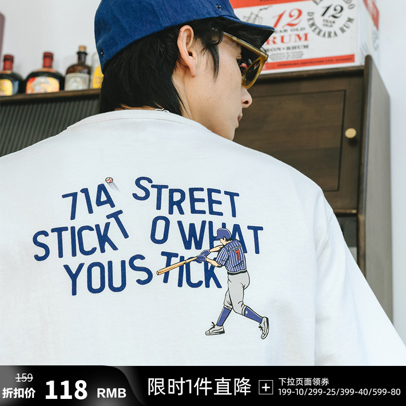 714street日系复古短袖t恤男潮牌情侣装夏季重磅宽松趣味印花体恤