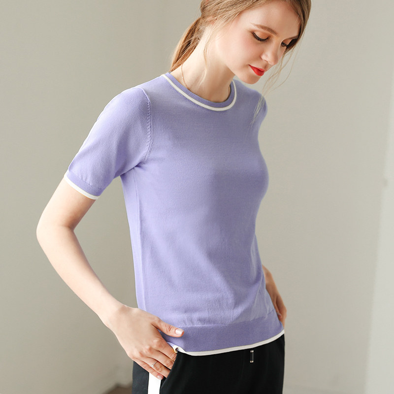 冰丝针织衫女短袖上衣夏季2020新款圆领百搭半袖女修身打底衫薄款