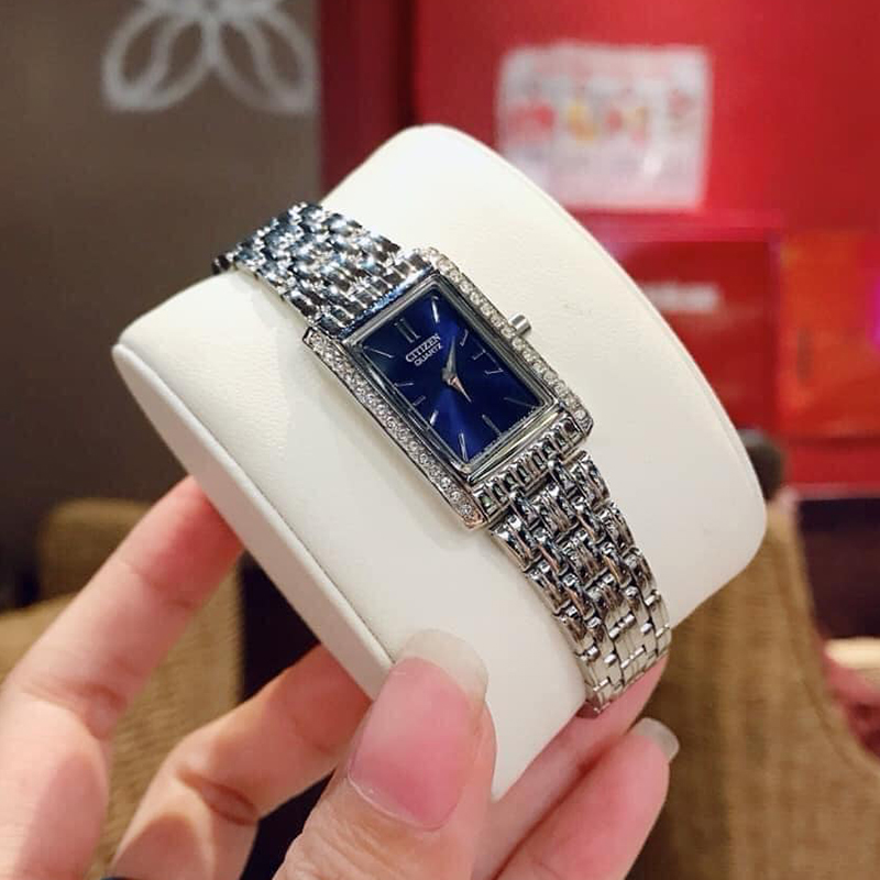西铁城Citizen时尚水晶镶钻午夜蓝长方形表盘女手表EK1120-55L
