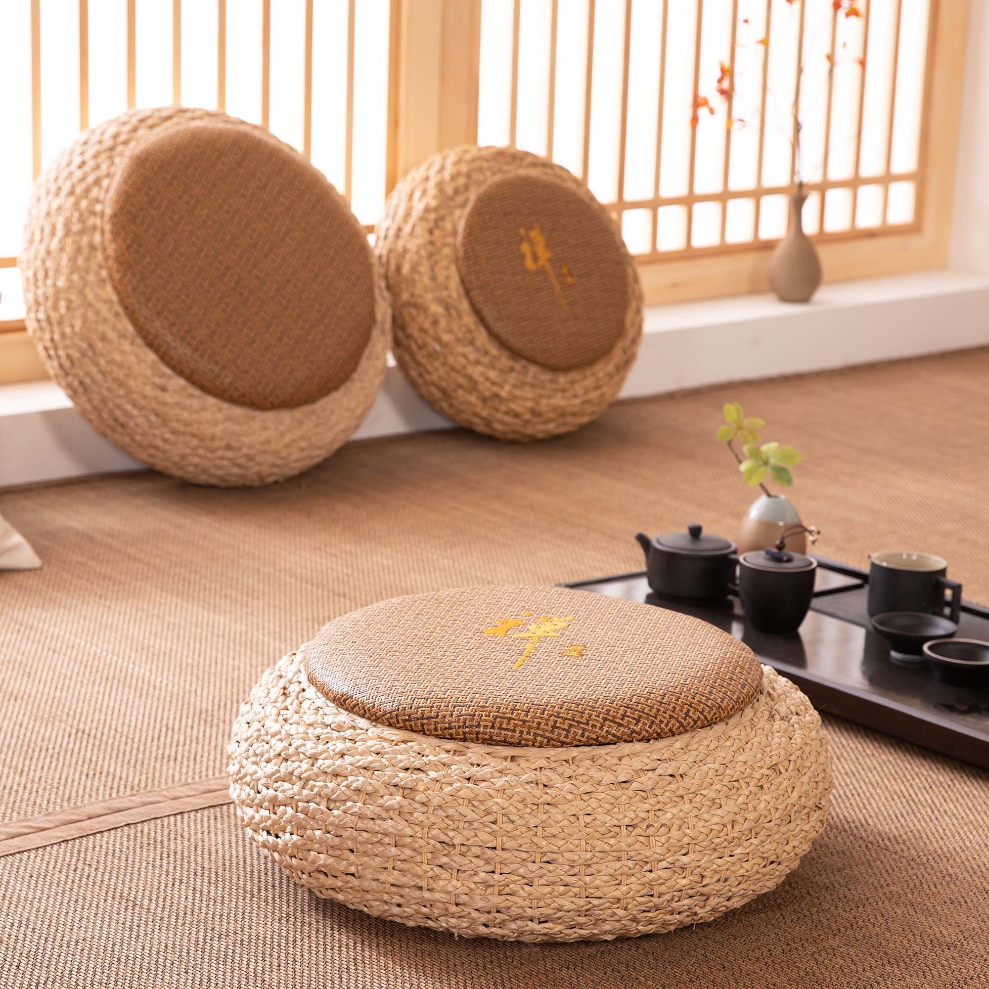 草藤蒲团坐垫榻榻米地上加厚打坐坐禅垫子家用蒲团