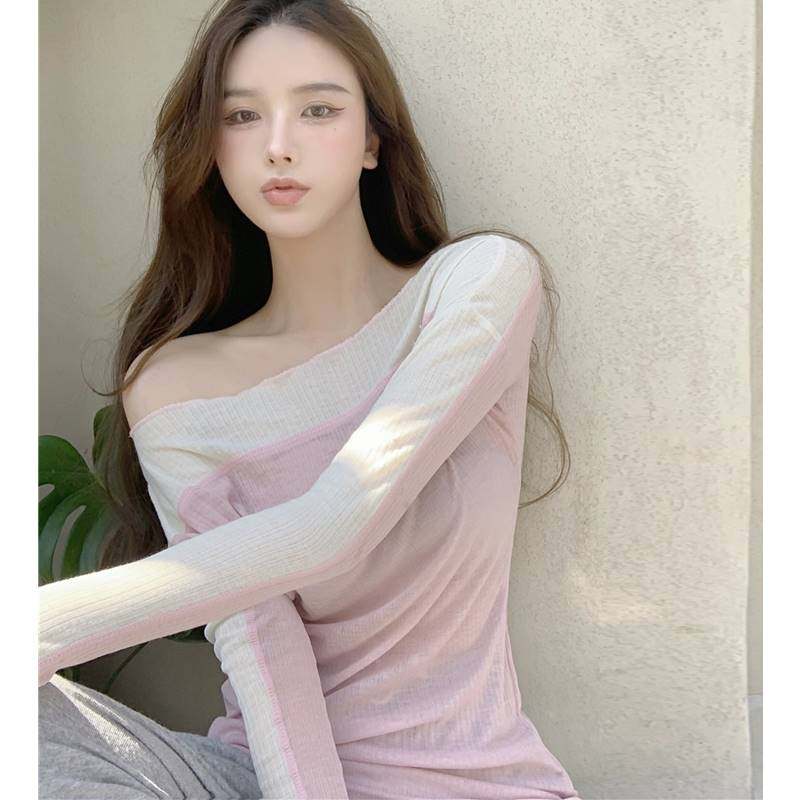 拼接撞色上衣女2021新款夏季薄款露肩长袖t恤一字肩辣妹打底衫潮-优魅