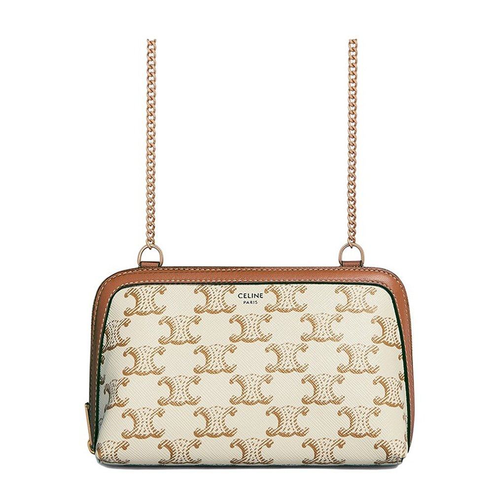 欧洲直邮celine赛琳女士黄褐色小羊皮饰边链条单肩通用款女包