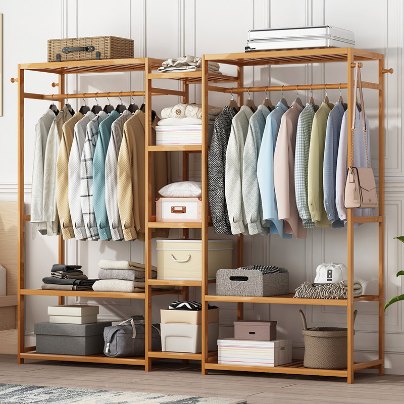 简易衣帽架落地卧室网红家用置物挂衣柜实木多功能挂包衣服收纳柜