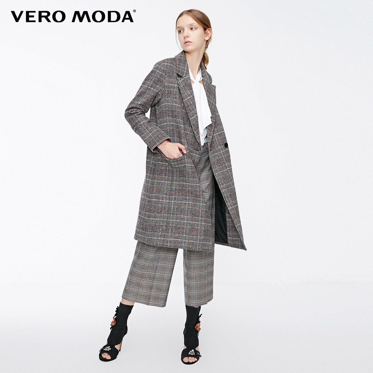 veromoda秋季新款格纹翻领纽扣宽松毛呢大衣毛呢外套