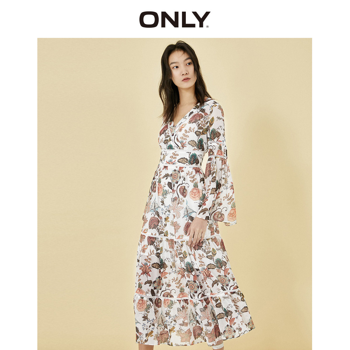 only奥莱冬季新款宽松长款吊带两件件套碎花连衣裙