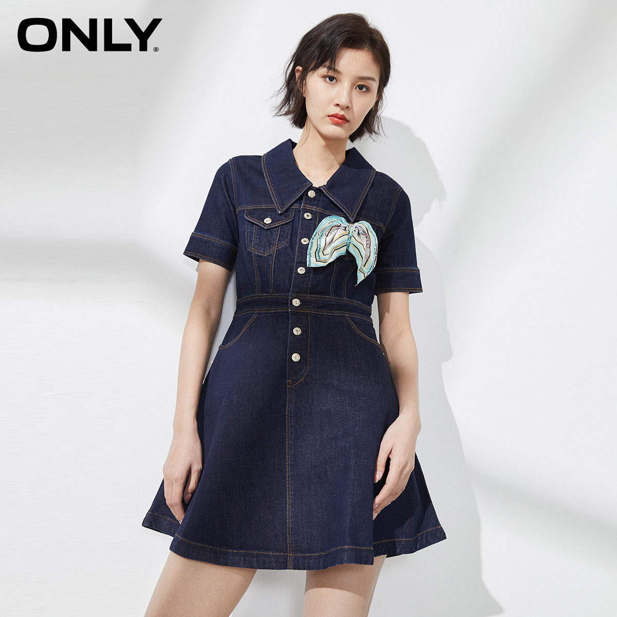 only奥莱夏季时尚气质印花收腰牛仔显瘦连衣裙连衣裙