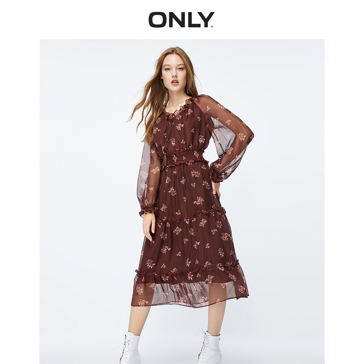 only奥莱秋季新款大码收腰雪纺洋气长袖连衣裙连衣裙