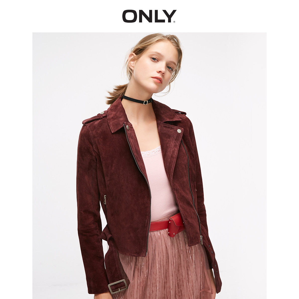 only夏季时尚绒面短款修身机车夹克皮衣外套皮衣