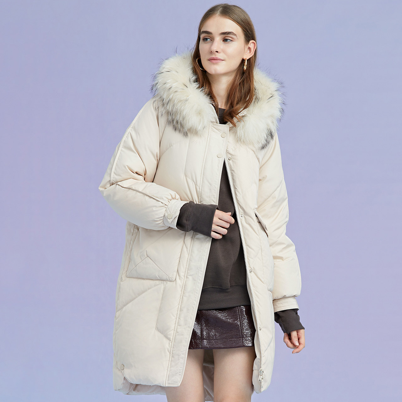 雪中飞outlets秋冬宽松个性袖口女中中长连帽毛领羽绒服