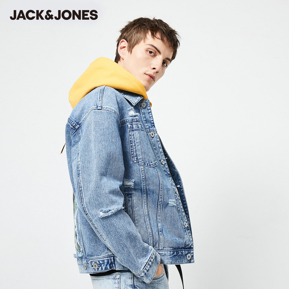 jackjones杰克琼斯个性破洞短款牛仔夹克外套男装时尚夹克