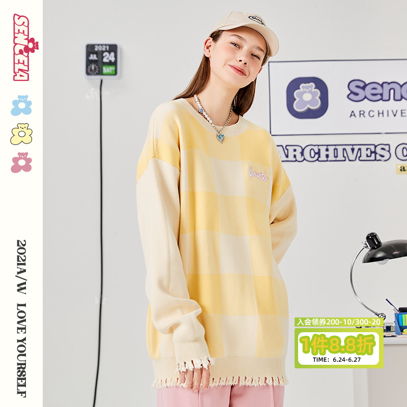 SENCE LA穿上就知道多可爱的破坏毛边小花熊格纹针织毛衫情侣毛衣