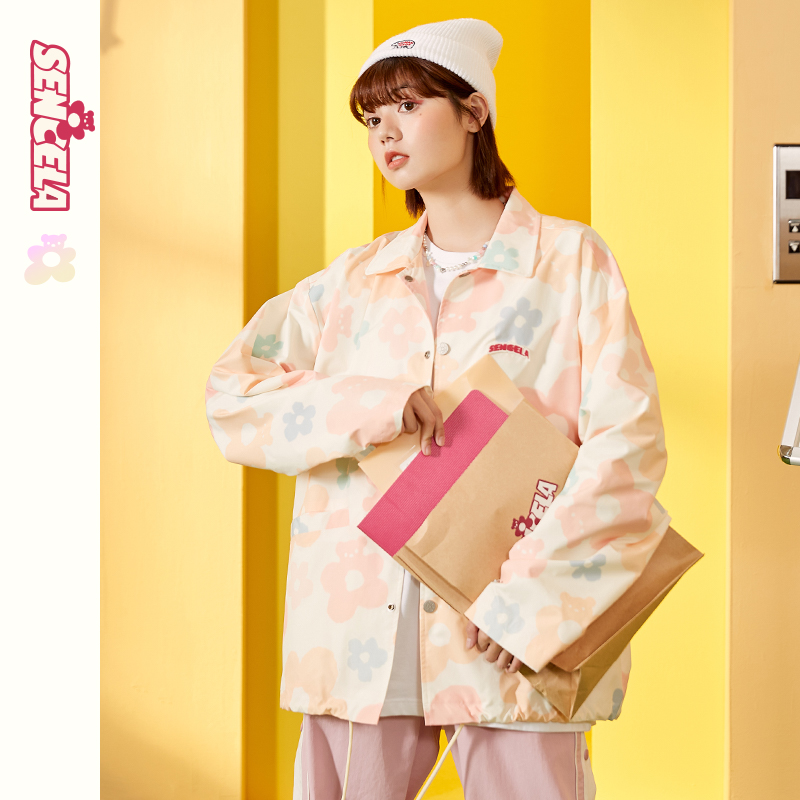 SENCE LA花田小熊满印印花教练夹克秋季宽松外套甜酷风情侣装上衣