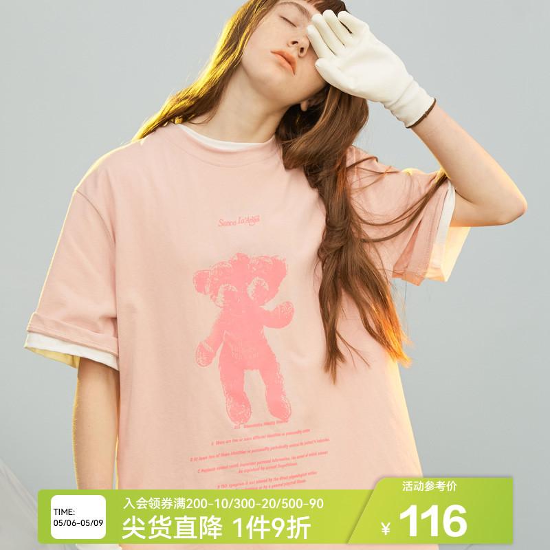 SENCE LA国潮粉色小熊短袖T恤女糖果色宽松情侣装oversize新疆棉