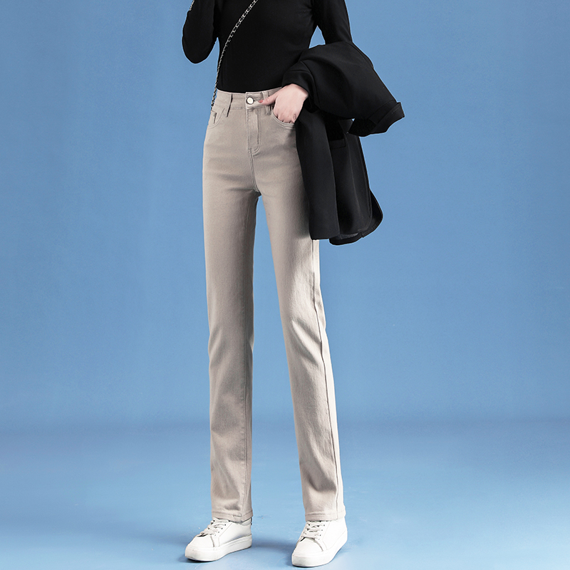 直筒牛仔裤女宽松2022年春季新款高腰显瘦显高卡其色裤子烟管长裤