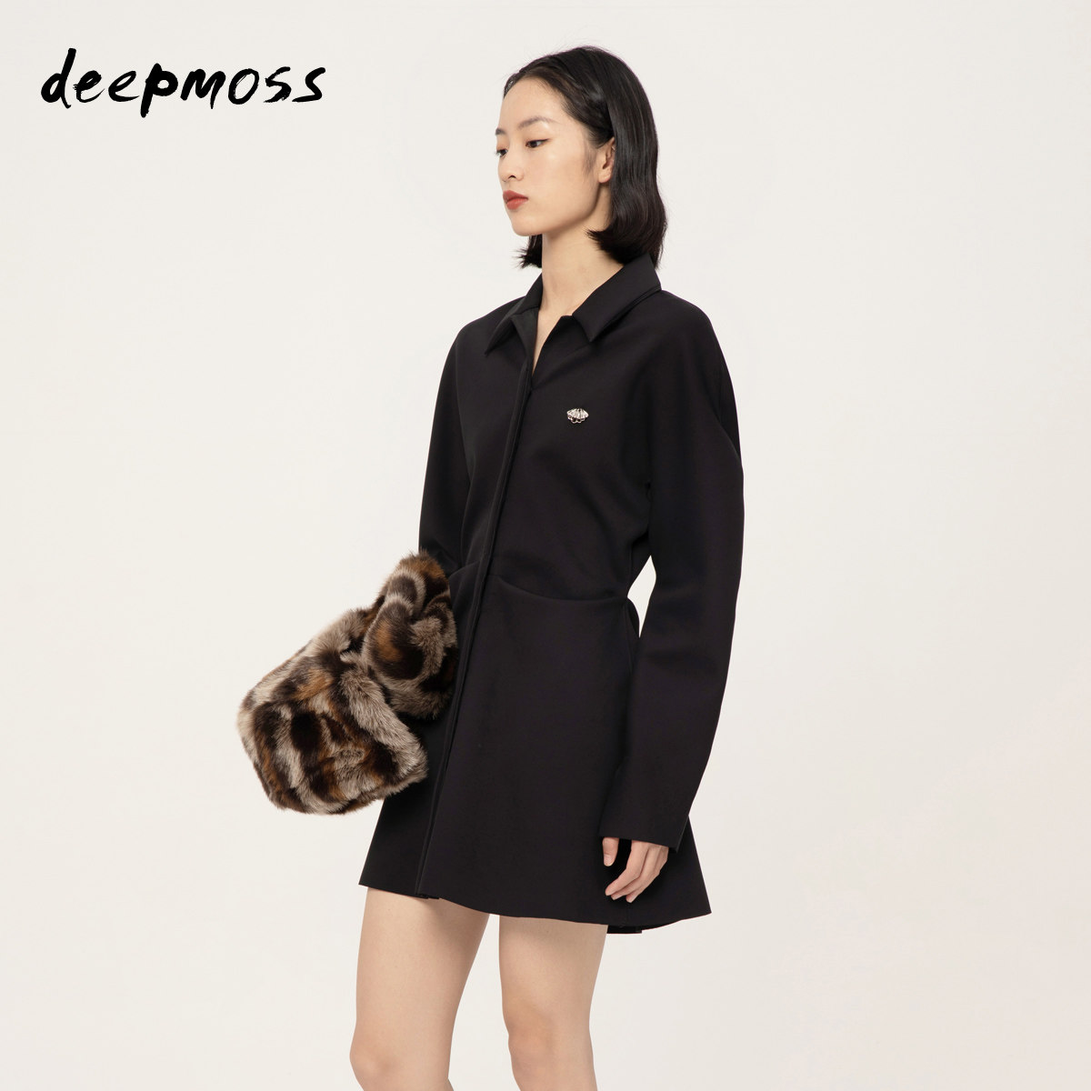 deepmoss设计师品牌2021早秋新款黑色时尚修身气质收腰连衣裙