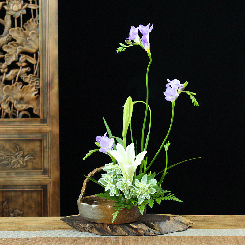 东方花道插花器手作粗陶篮子茶席小花篮禅意复古简约摆件花艺水培