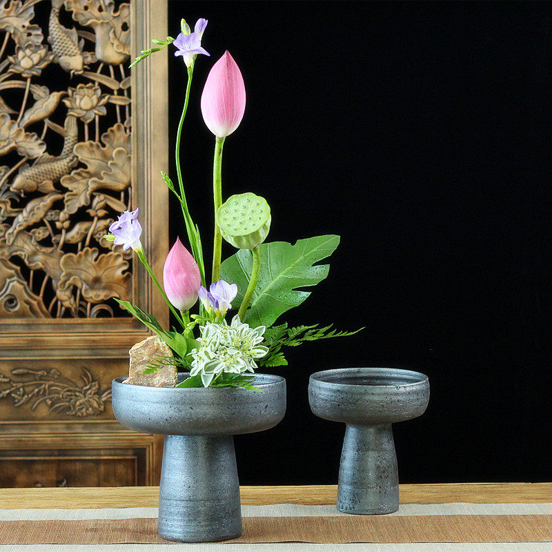 新中日式剑山插花器皿粗陶高脚花盆东方花道禅意花盆
