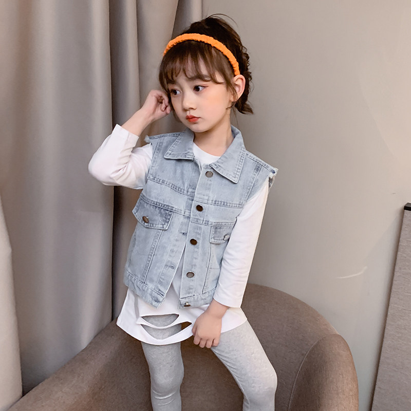 女童马甲2020新款儿童春装外套学院风洋气背心宝宝开衫牛仔马甲潮
