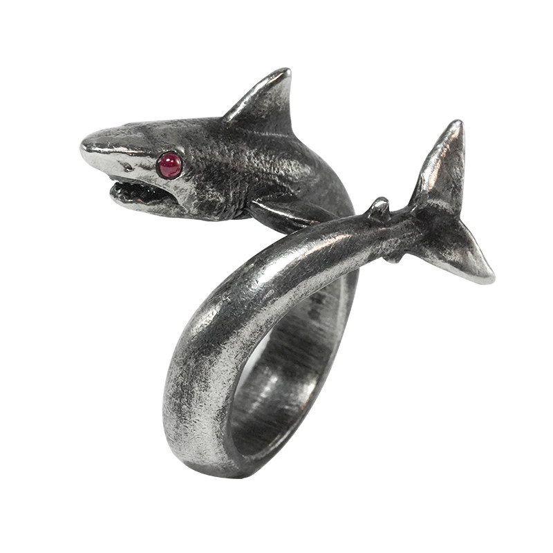 白木黑冰原创设计纯银鲨鱼戒指个性海洋生物开口戒指