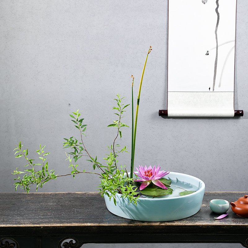 插花剑山花盆青瓷斜边盘中中式器皿日式式禅意花盆