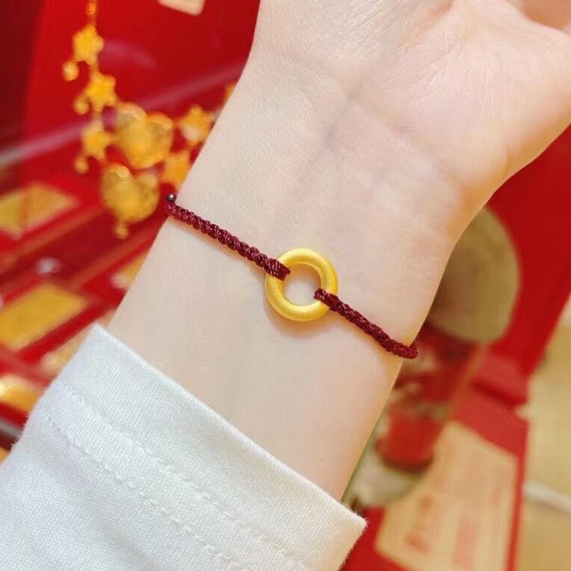 素圈平安扣黄金转运红绳手链编绳男款女生纯金手饰