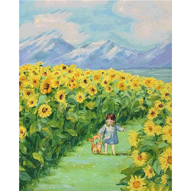 春意黯然向日葵小女孩狗狗diy数字油画手绘填色油彩diy