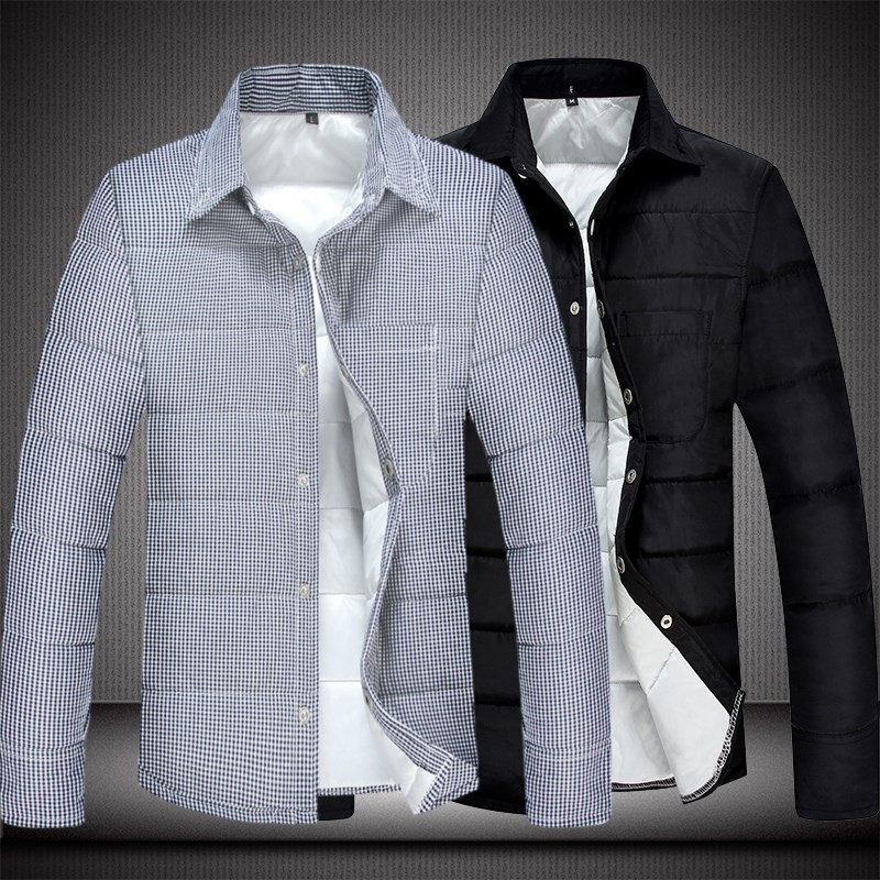 中年冬季男士羽绒棉衬衫加绒加厚寸衣宽松大码格子棉衣服外套百搭