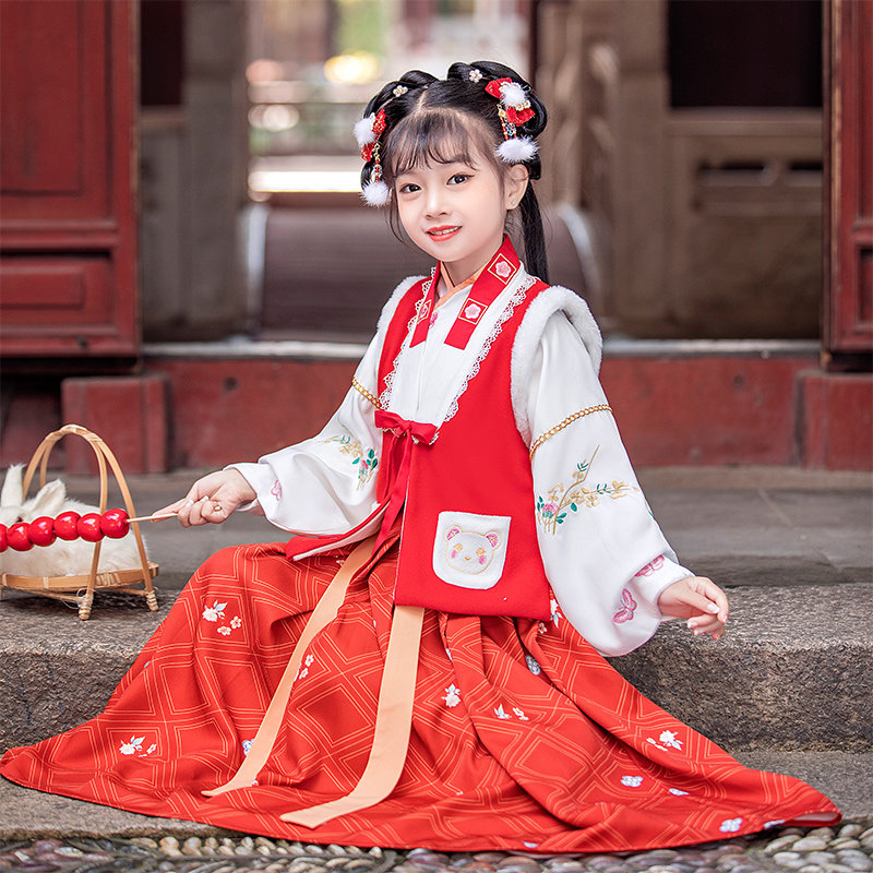 汉服女童冬装中国风裙子加绒冬季拜年服女宝儿童女孩加厚古装童装