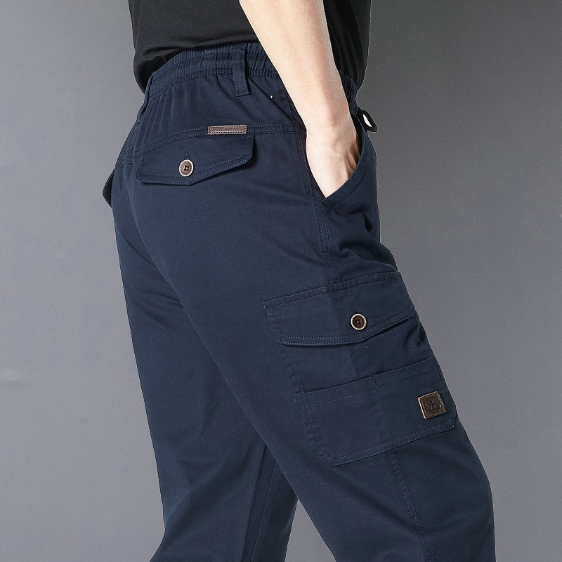 秋季休闲裤男长裤纯棉宽松多口袋中年父亲装直筒裤春秋老年高腰裤