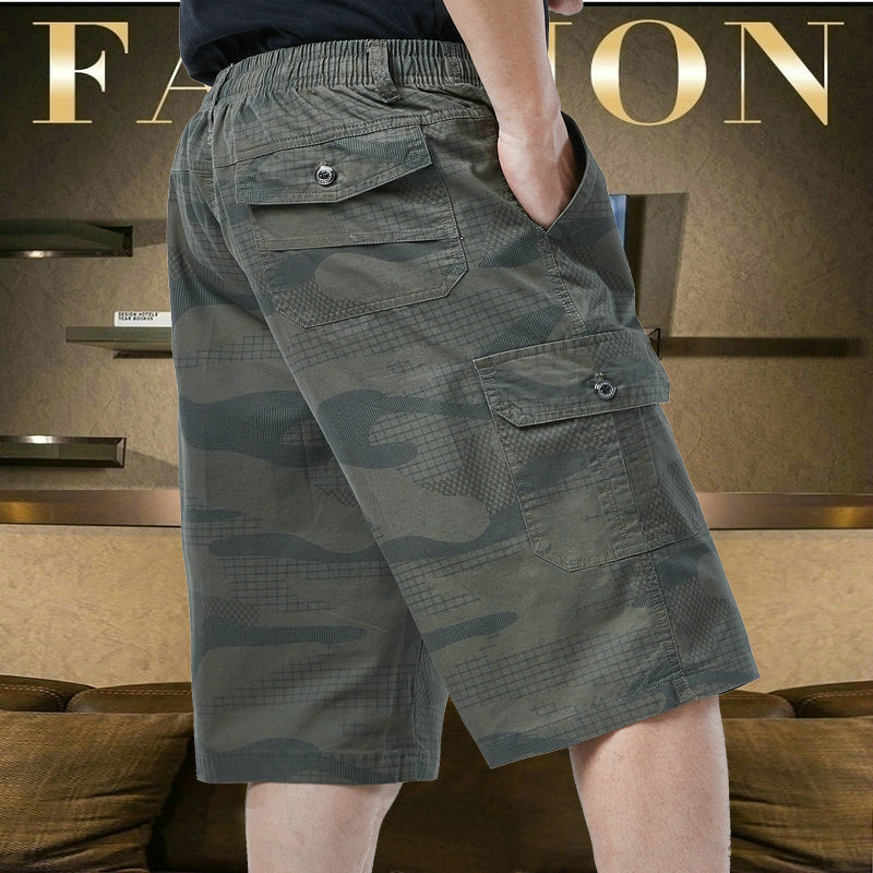 夏季迷彩七分裤男中年纯棉宽松老年爷爷松紧腰裤爸爸短裤男夏外穿