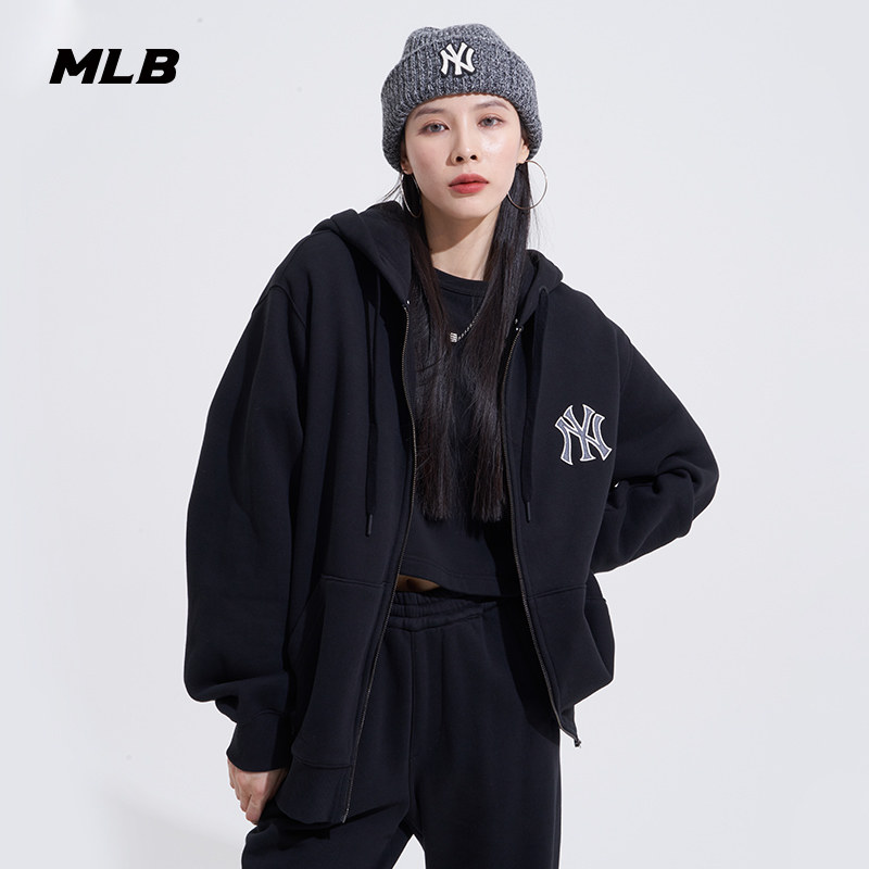 mlb官方男女运动上衣情侣休闲连帽加绒外套运动茄克
