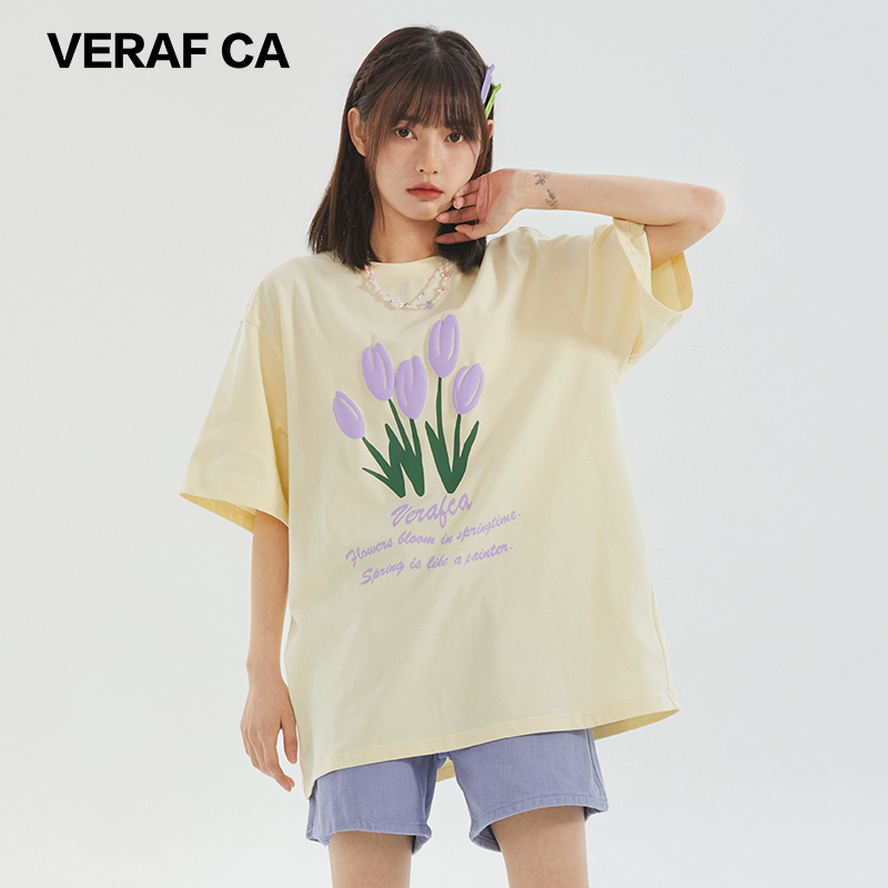 VERAF CA郁金香发泡印T恤立体花卉短袖男女潮牌宽松情侣款上衣