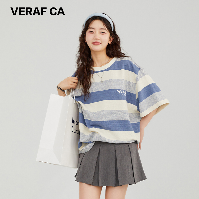 VERAF CA撞色条纹刺绣T恤短袖男女宽松落肩半袖上衣情侣装