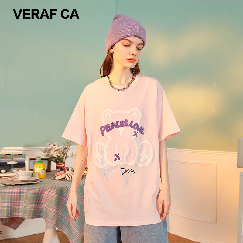 VERAF CA夏季情侣装潮毛巾绣小熊印花短袖T恤男女同款半袖五分袖