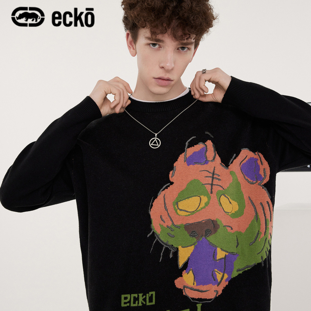 ecko犀牛潮牌2022春季新款撞色老虎提花个性针织衫