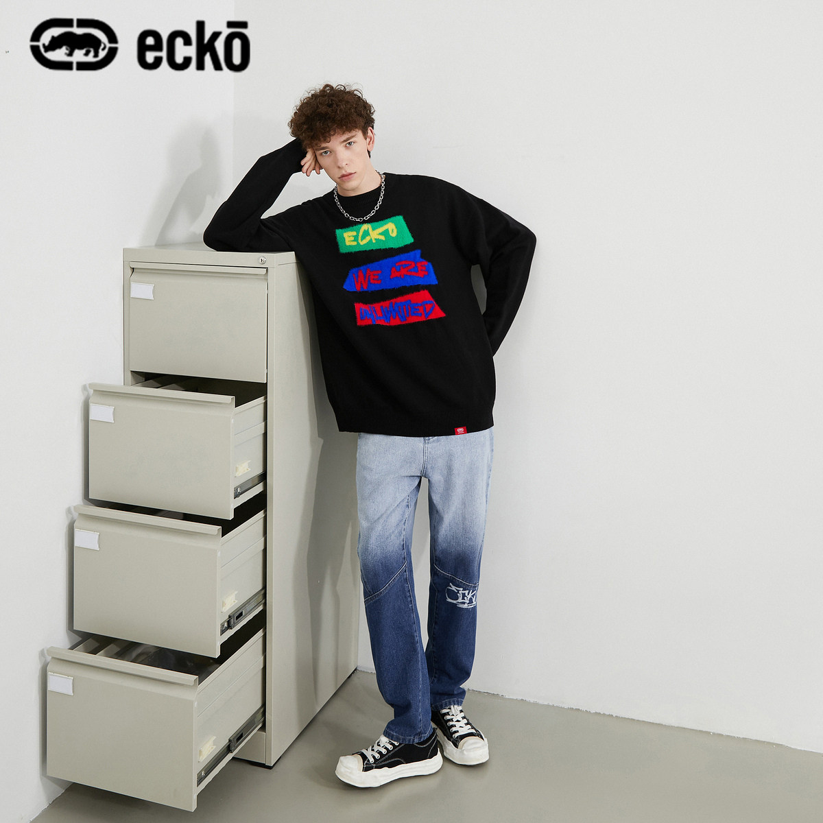 ecko犀牛潮牌2022春季新款时尚潮流提花撞色logo针织衫