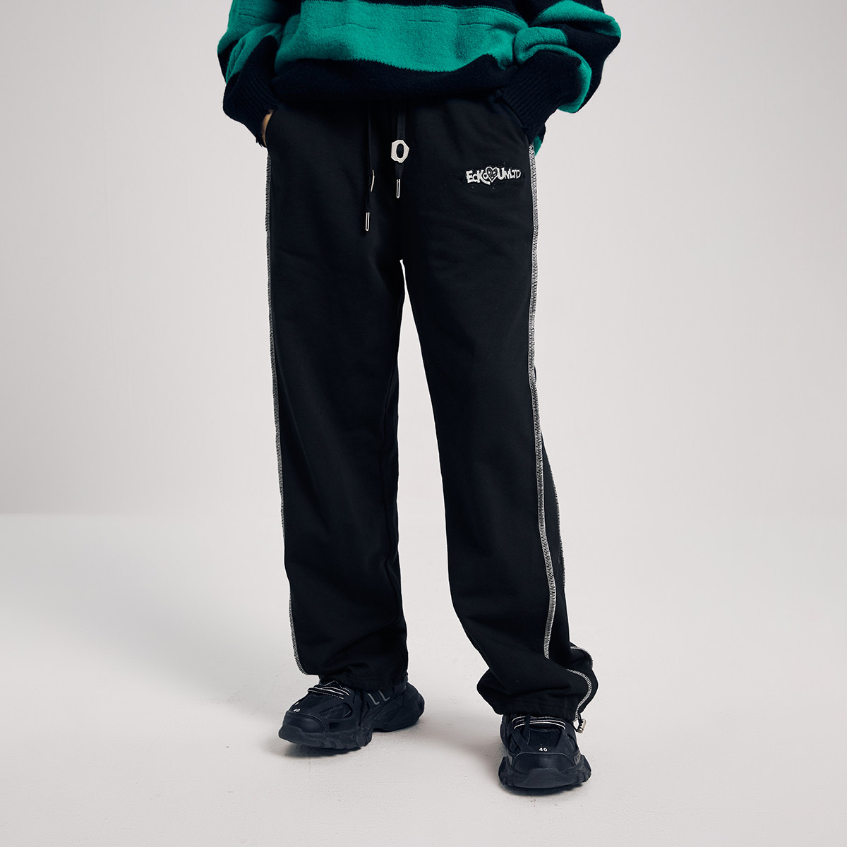 查尔斯桃心联名ecko犀牛潮牌22aw美式复古刺绣侧缝撞色针织裤