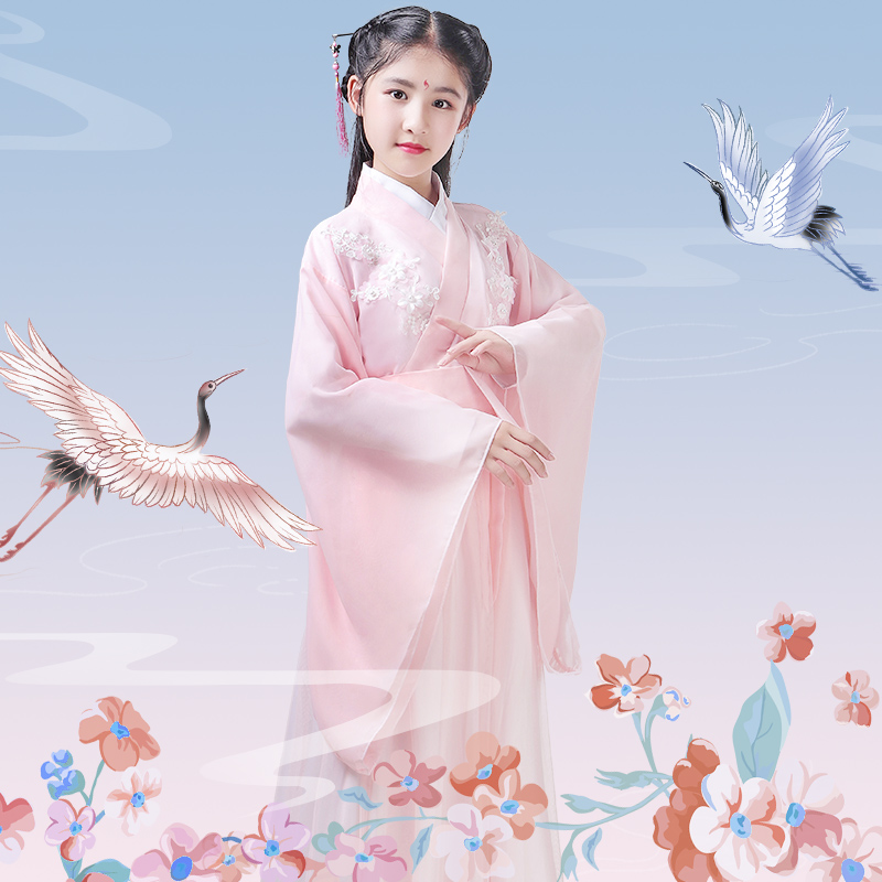 儿童古装唐朝仙女服汉服女童襦裙小孩中国风飘逸淡雅古筝演出服夏