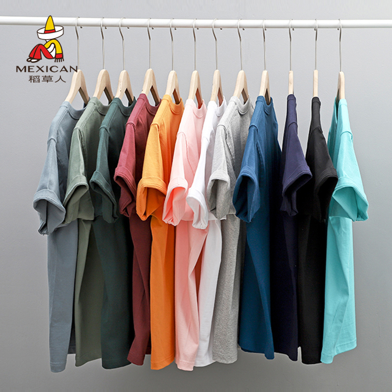 稻草人纯棉短袖t恤男2022夏季新品纯色上衣宽松圆领印花T恤打底衫