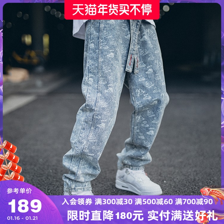PRBLMS潮牌满印牛仔裤嘻哈国潮宽松直筒情侣长裤水洗做旧裤子秋冬